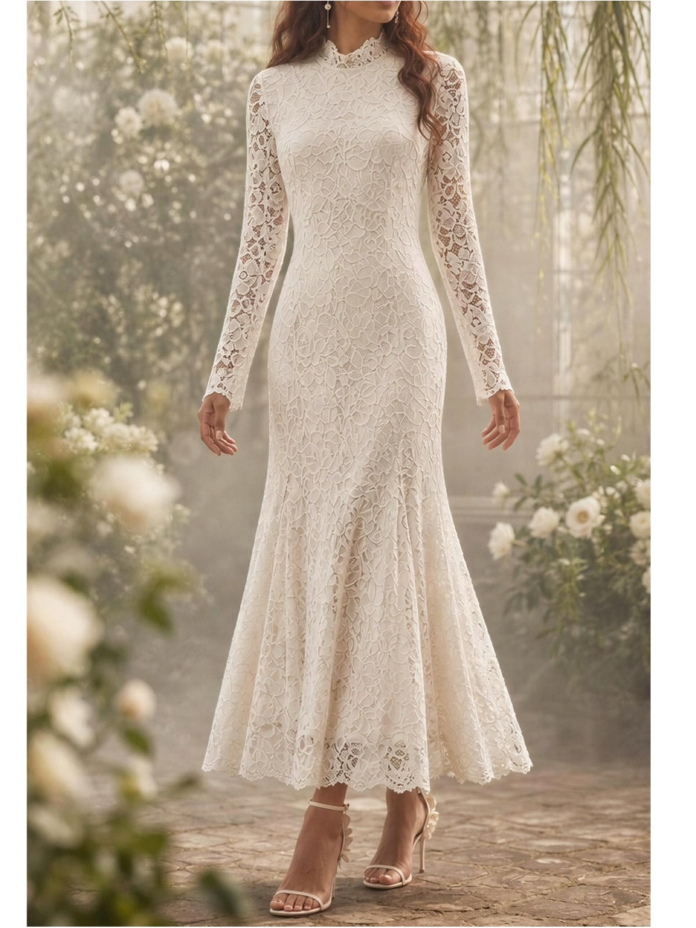 BHLDN Long-Sleeve Mock-Neck Stretch Lace Maxi Dress, White Dahlia, Small